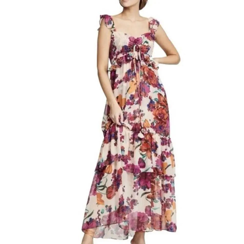 MISAβLos Angeles Floral Chiffon Tiered Ruffle Dress Sz. M - Picture 3 of 7